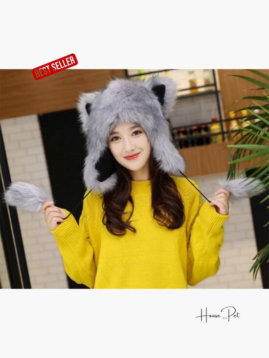 Faux Fur Trapper Hat with Animal Horns Ears Unisex Winter Costume Hat